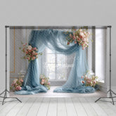 Aperturee - Aperturee Dusty Blue Draped Wedding Arch Photography Backdrop Pink Rose Floral Decor Elegant Indoor Ceremony Background